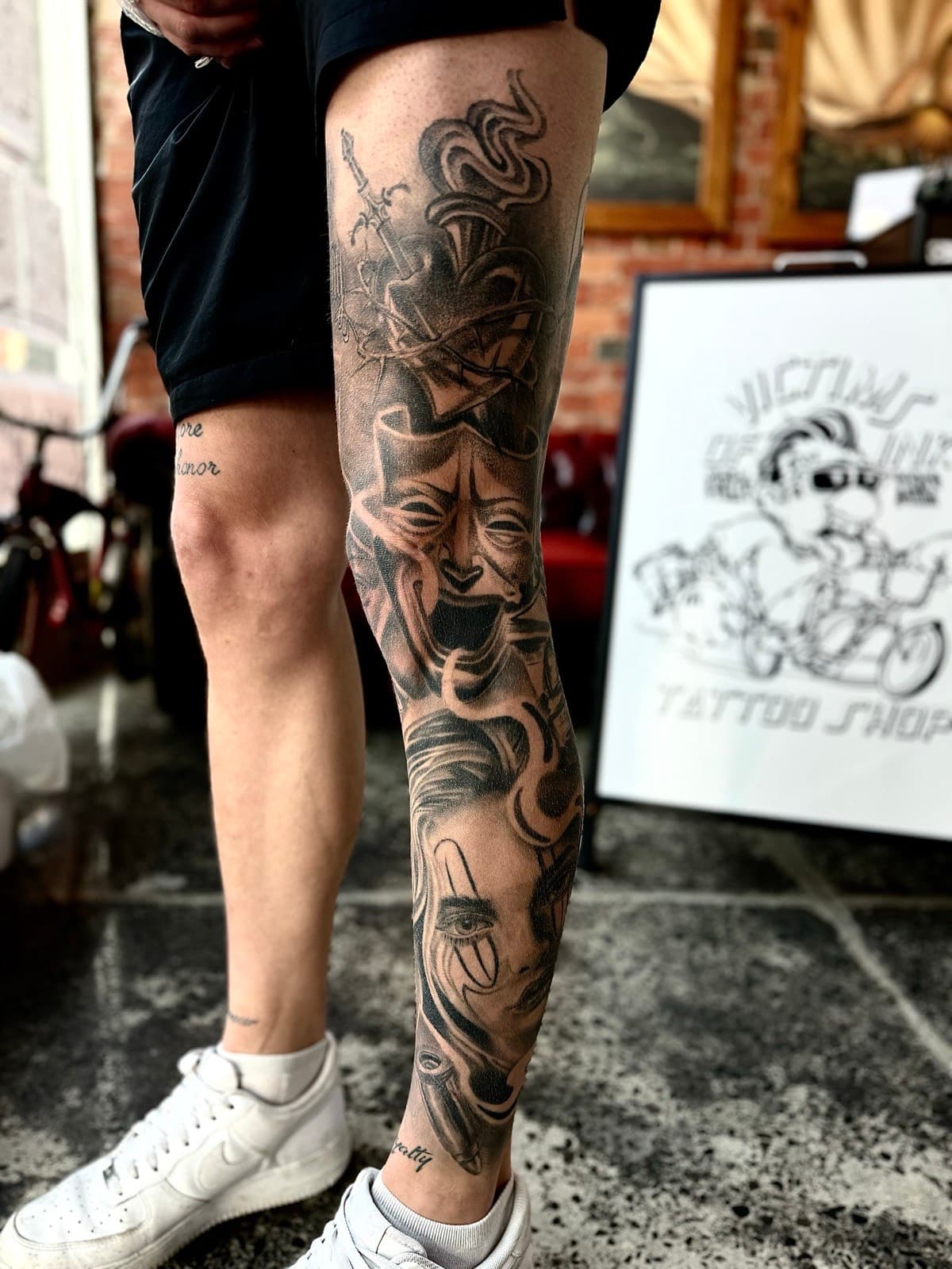 Full black and grey realism leg sleeve tattoo by Tobias Meredith in Melbourne