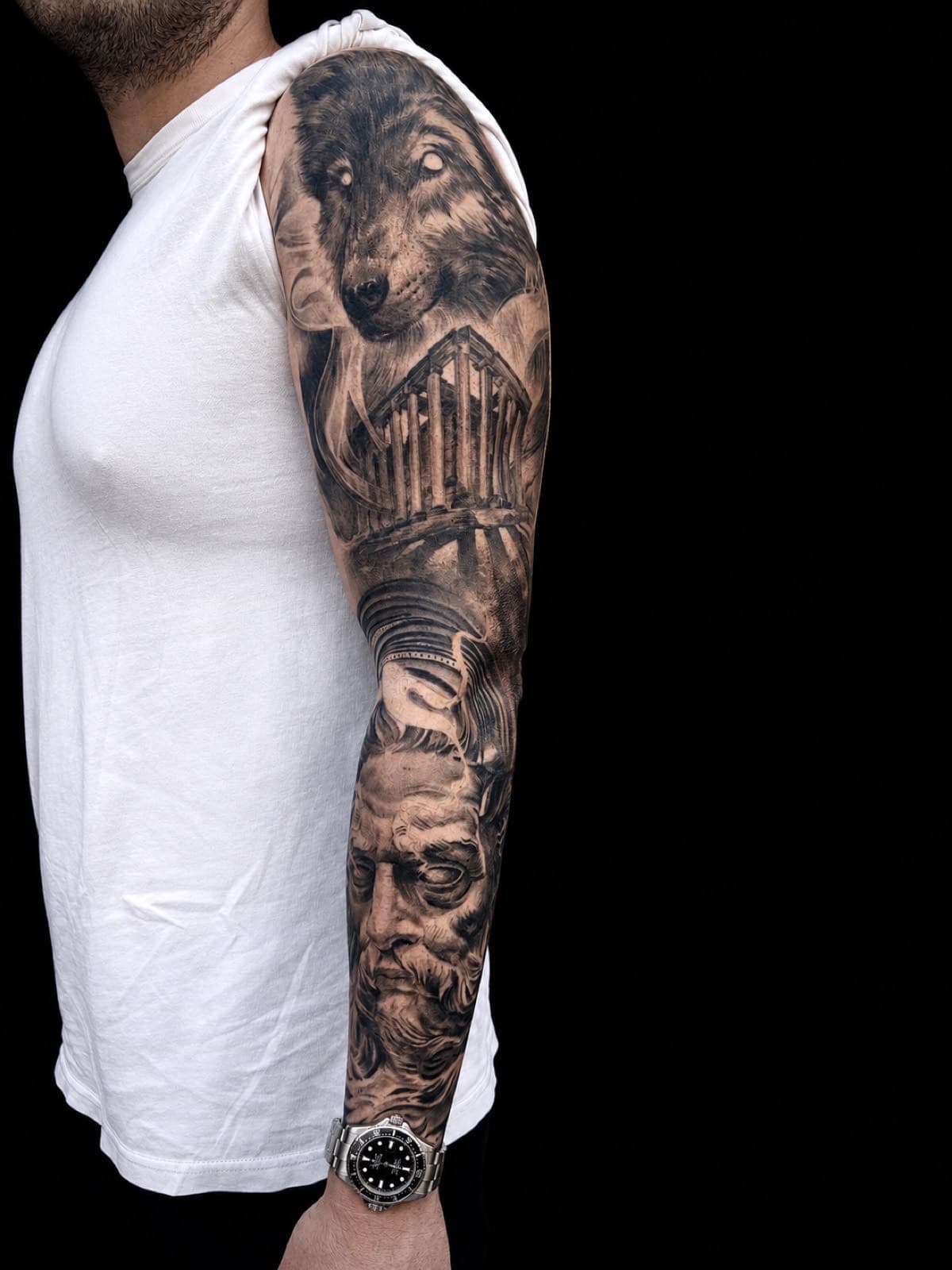 Black and grey sleeve with wolf, Greek temple, and classical portrait by Tobias Meredith